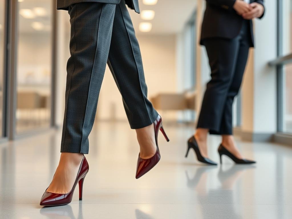 Professional woman wearing burgundy pumps with a tailored suit in an office setting