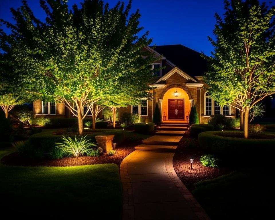 Professionally designed landscape lighting plan showing layered lighting techniques
