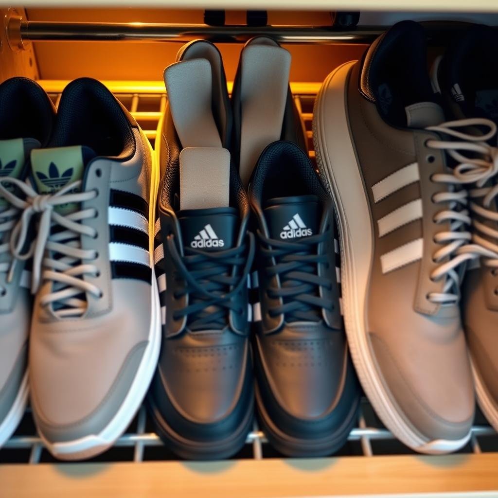 Properly stored adidas men's shoes with shoe trees inserted