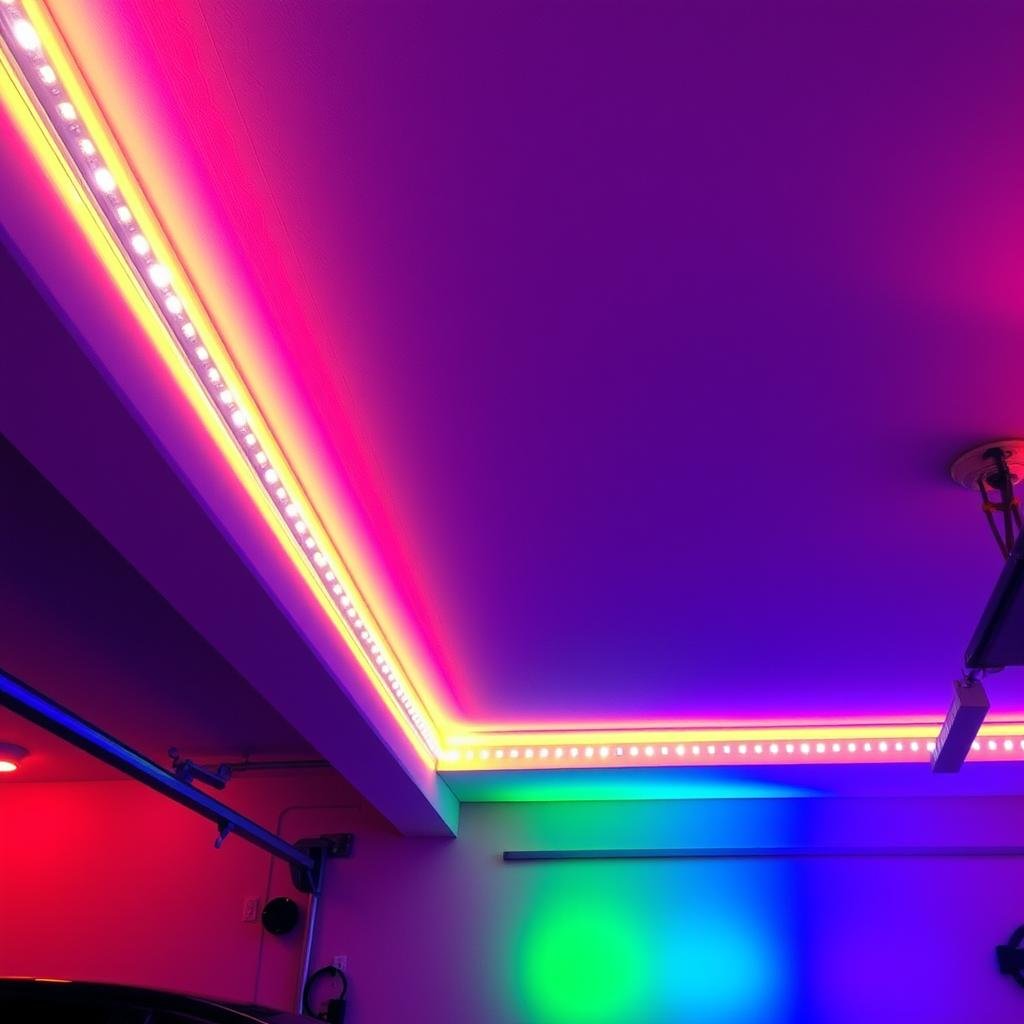 RGB LED strip lights installed along garage ceiling perimeter
