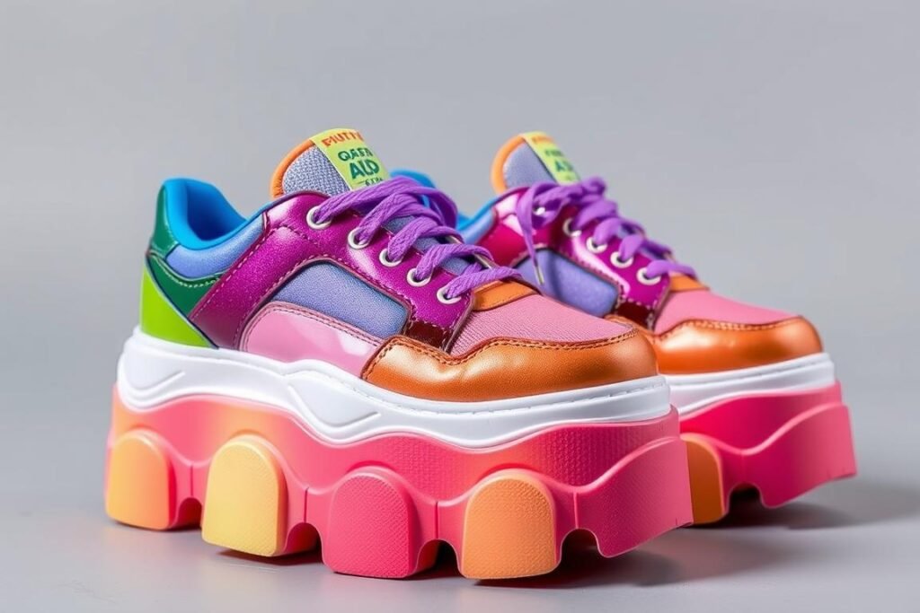 Rainbow platform sneakers with chunky soles and colorful details, perfect example of funky shoes