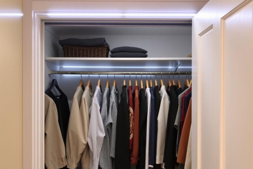 Reach-in closet with LED strip lights along top shelf and hanging rod