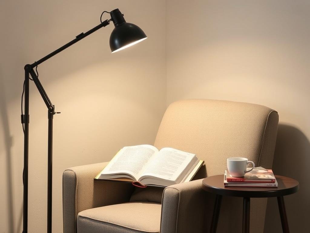 Reading corner with adjustable floor lamp behind armchair