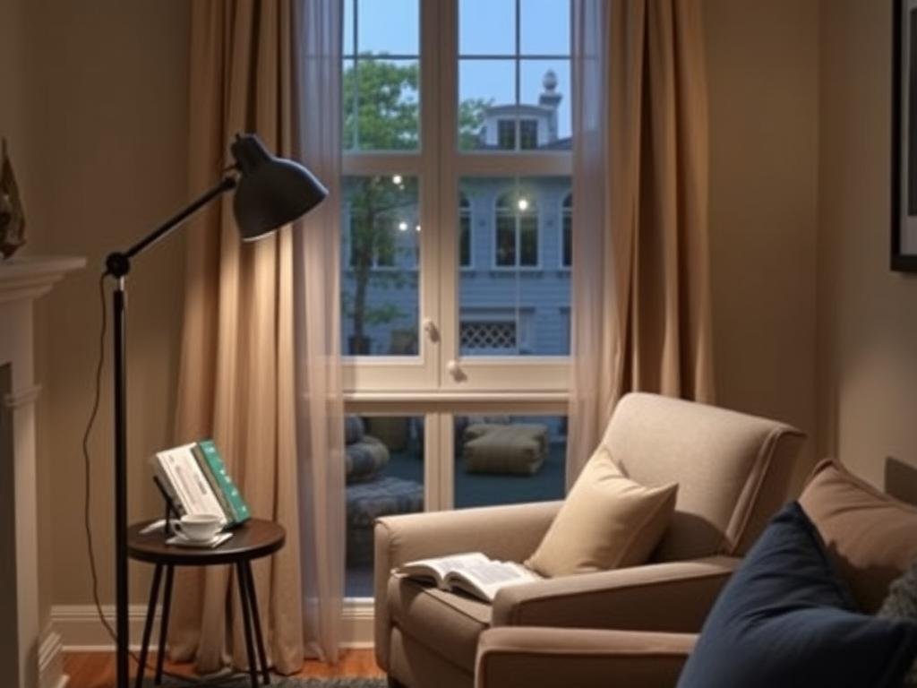 Reading nook with adjustable floor lamp providing task lighting
