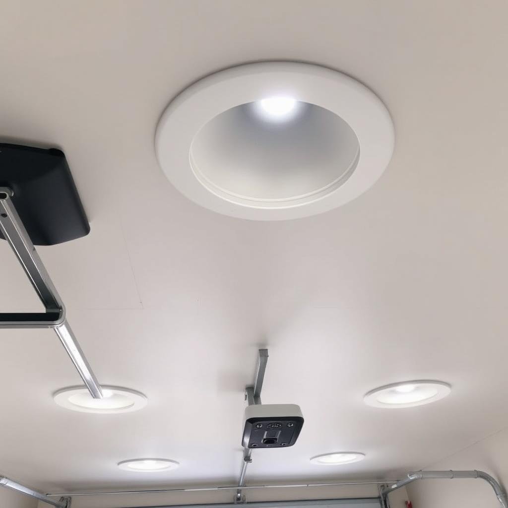 Recessed can lights installed in finished garage ceiling