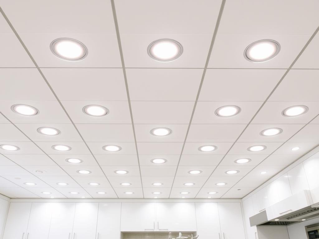 Recessed lights arranged in a grid pattern across kitchen ceiling