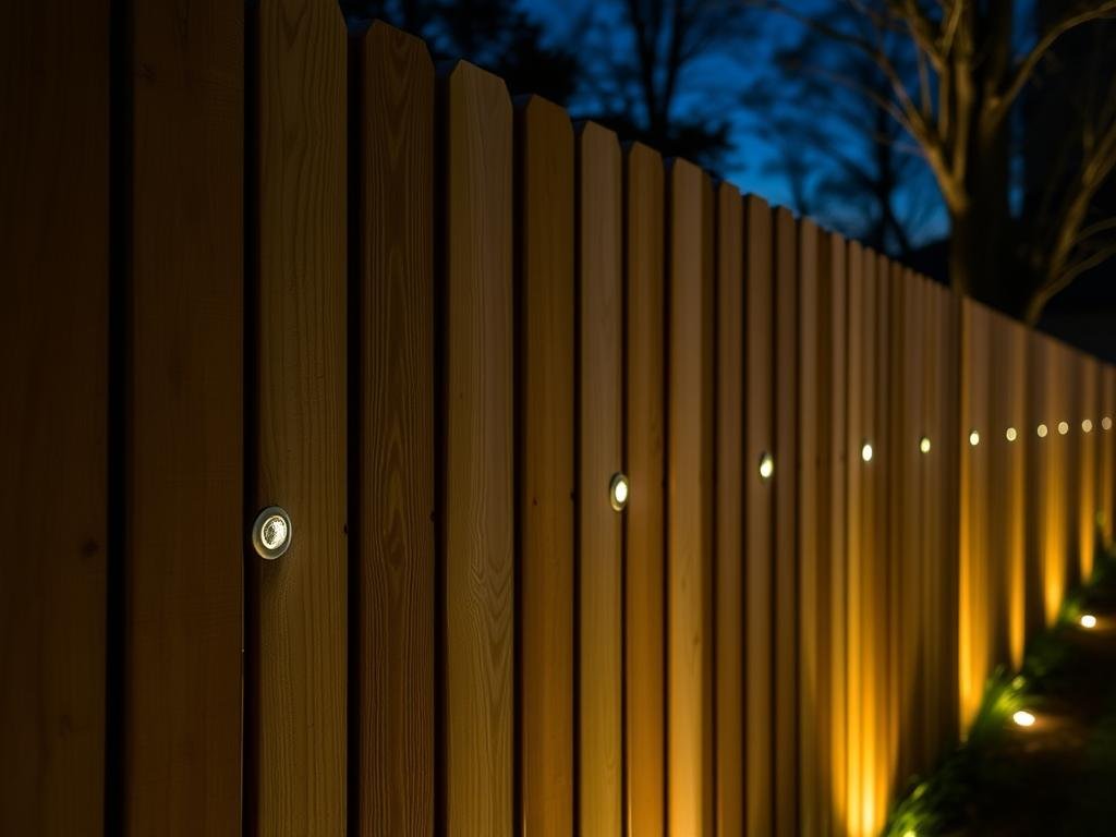 Recessed lights installed in a privacy fence creating subtle illumination patterns