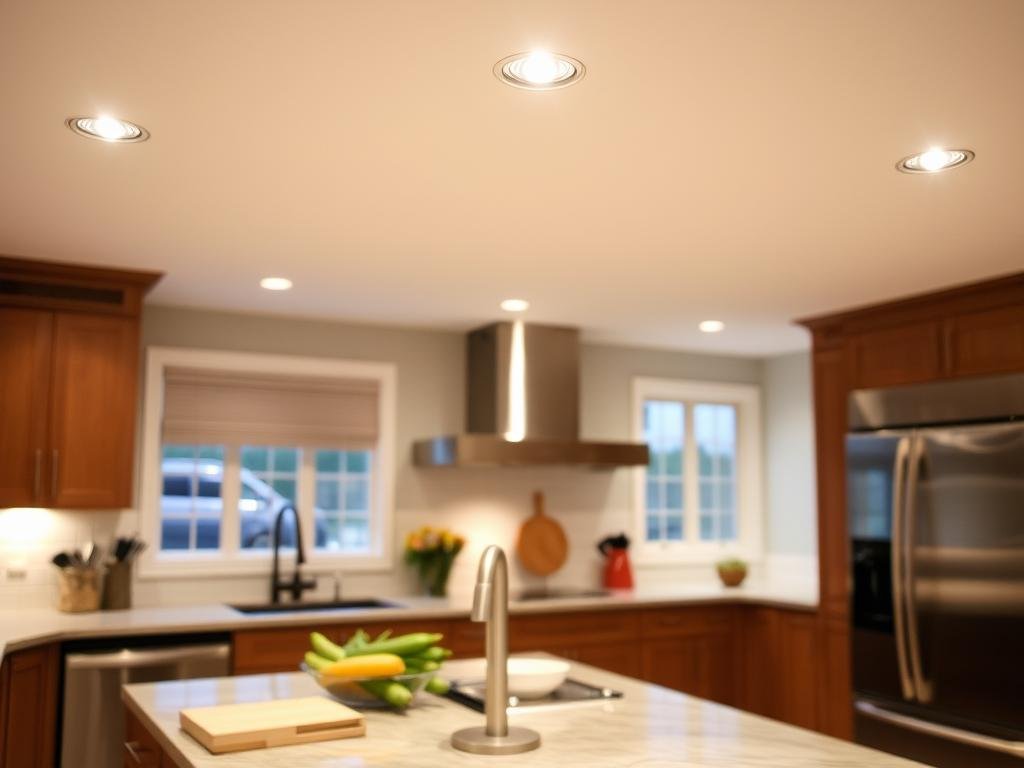 Recessed lights positioned directly over countertops and work areas