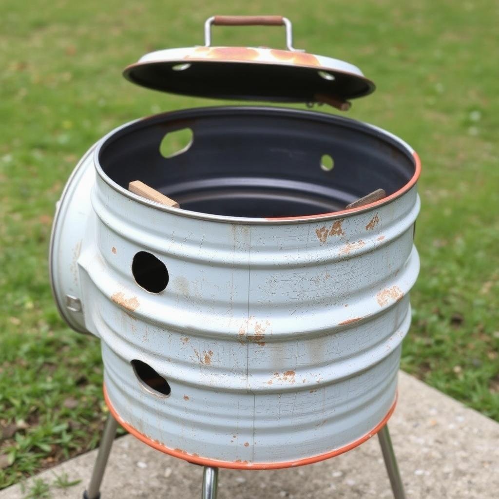 Repurposed steel drum converted into a barbecue grill