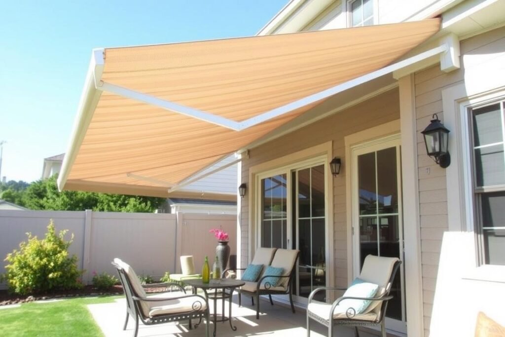 Retractable awning extended over a patio with outdoor furniture, providing shade on a sunny day