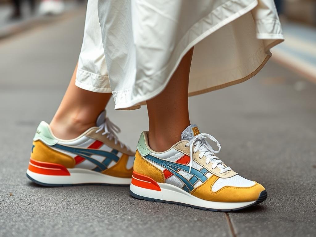 Retro runner tennis shoes with a casual midi dress