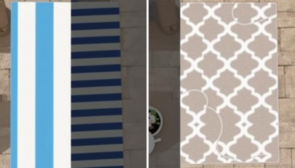 Reversible waterproof outdoor rug shown from both sides
