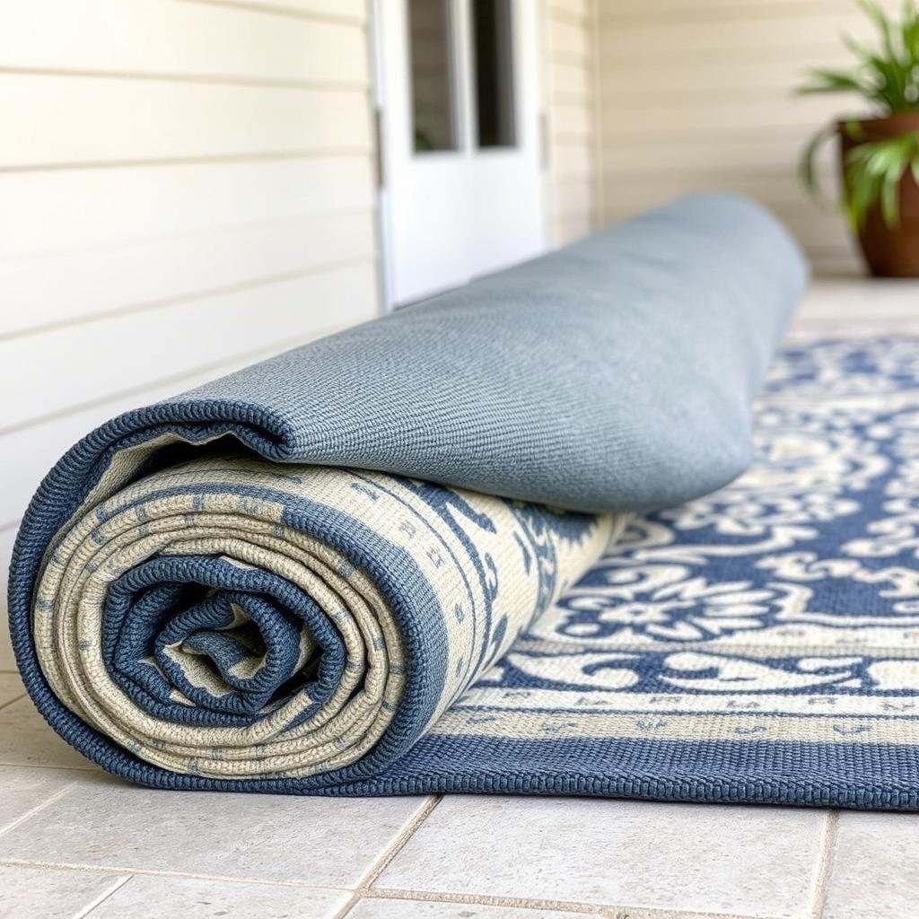 Rolled outdoor rug being prepared for storage