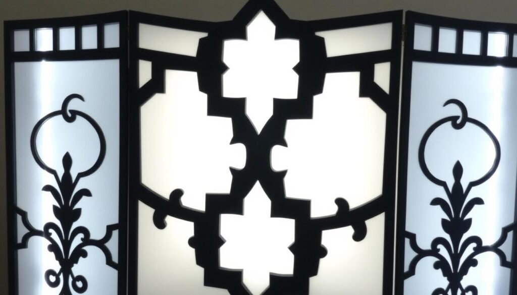 Room divider screen with LED strip lights creating a backlit effect