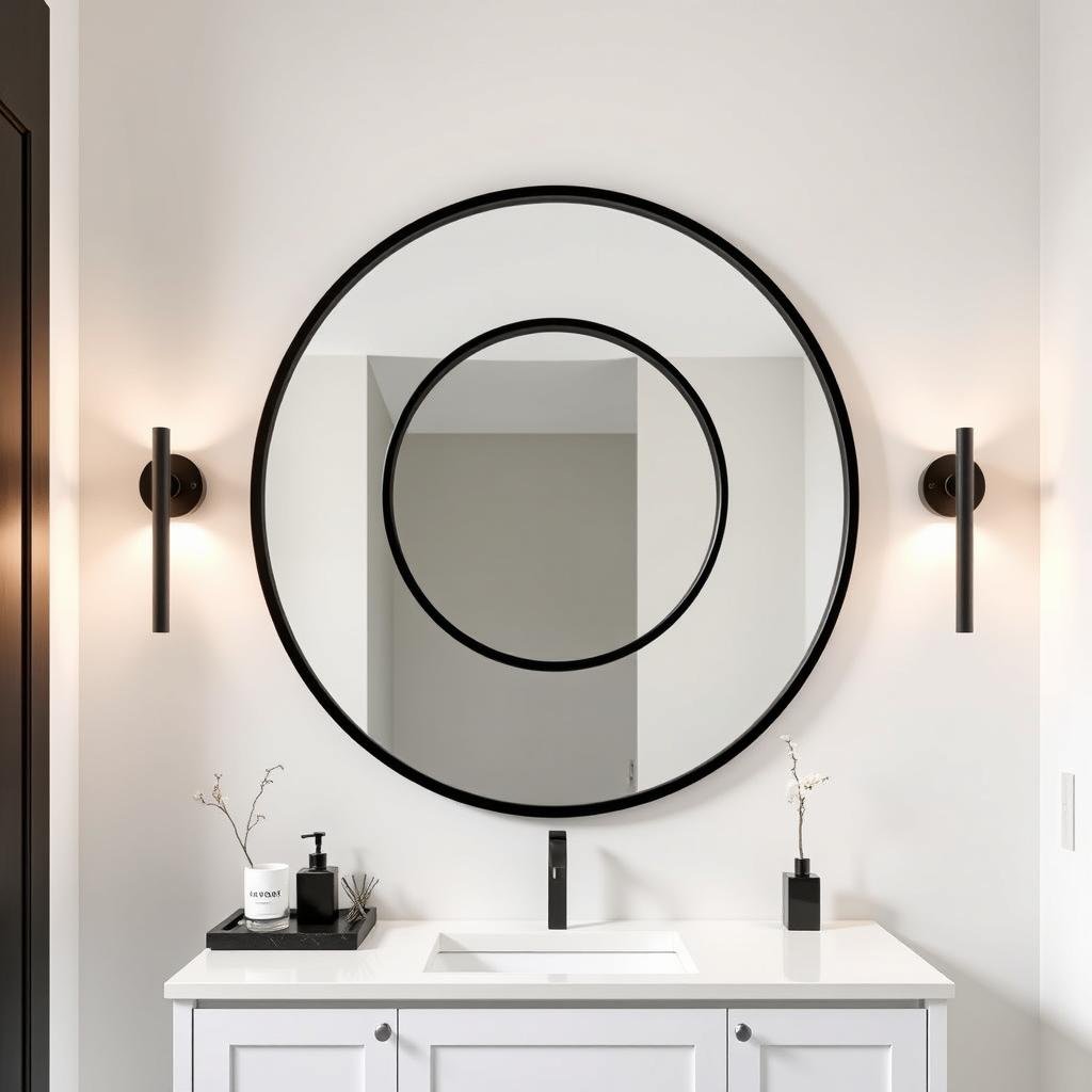 Round bathroom mirror with black frame in a contemporary bathroom