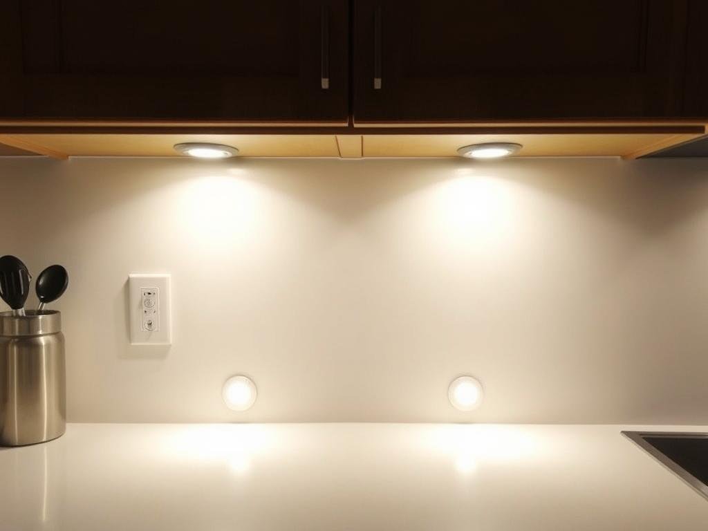 Round puck lights installed under cabinets providing focused light