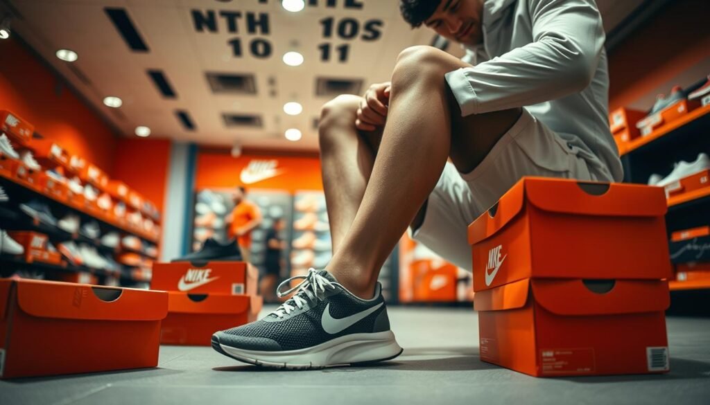 Runner trying on Nike running shoes in a store setting