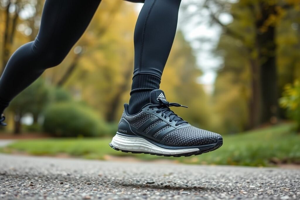 Runner wearing Adidas Ultraboost shoes with performance athletic wear