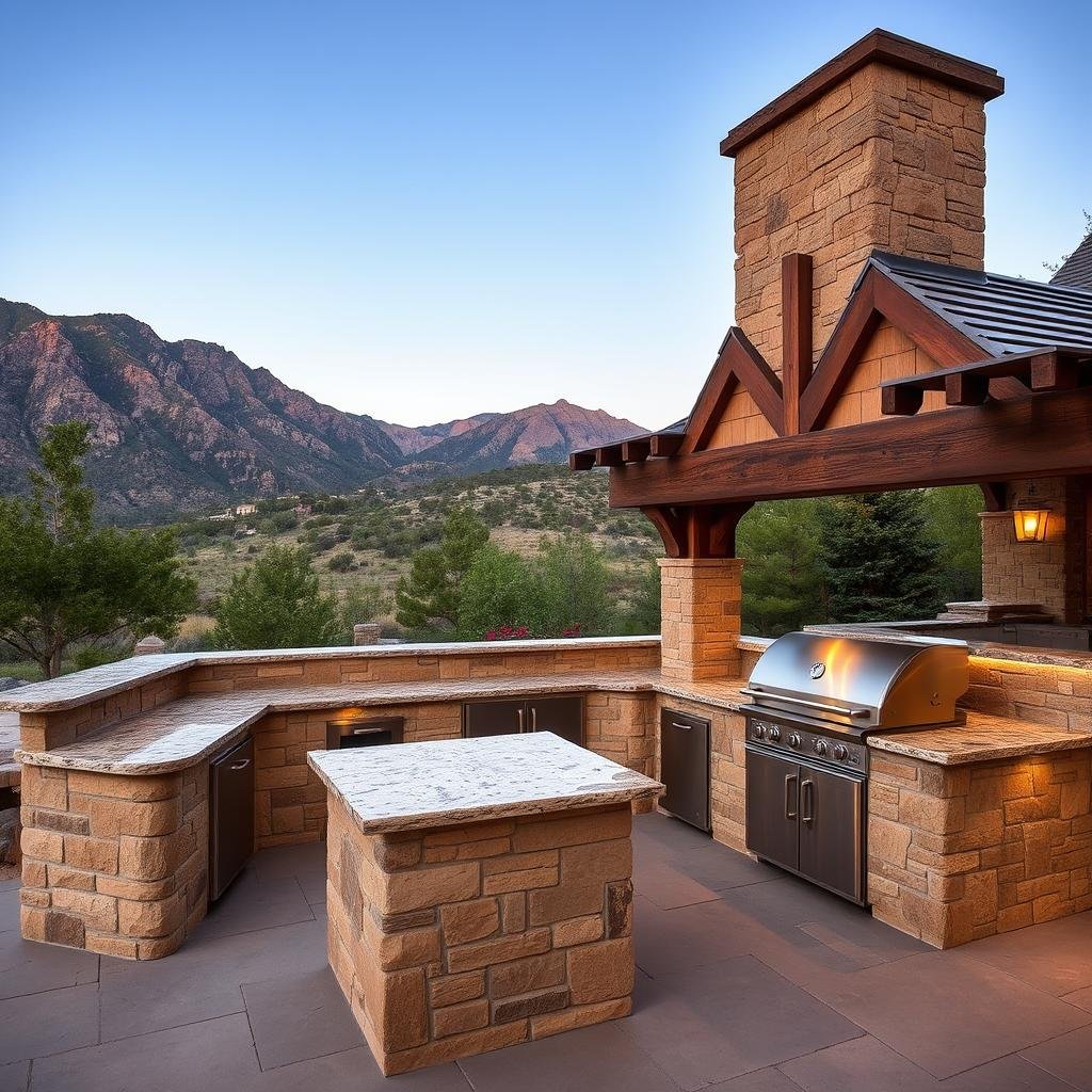 Rustic outdoor kitchen with stone and wood elements