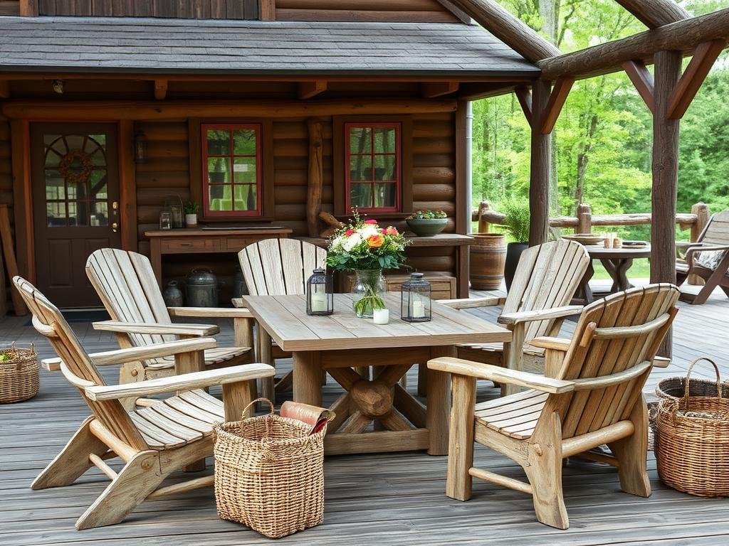 Rustic outdoor patio furniture made of reclaimed wood and natural materials on a country porch