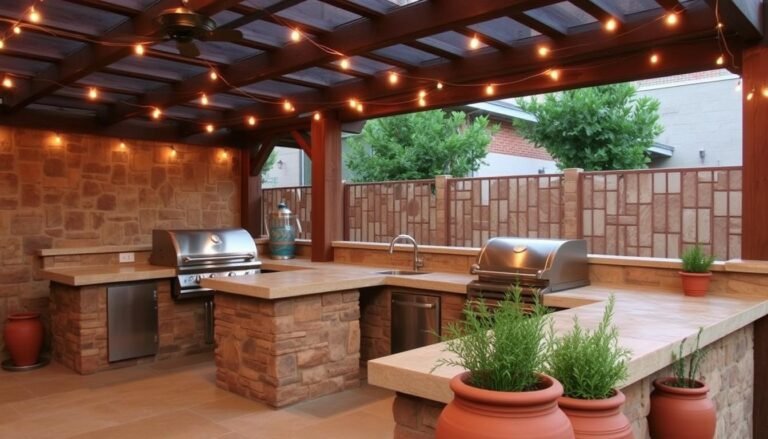 Rustic stone outdoor grill area with built-in grill and wooden pergola