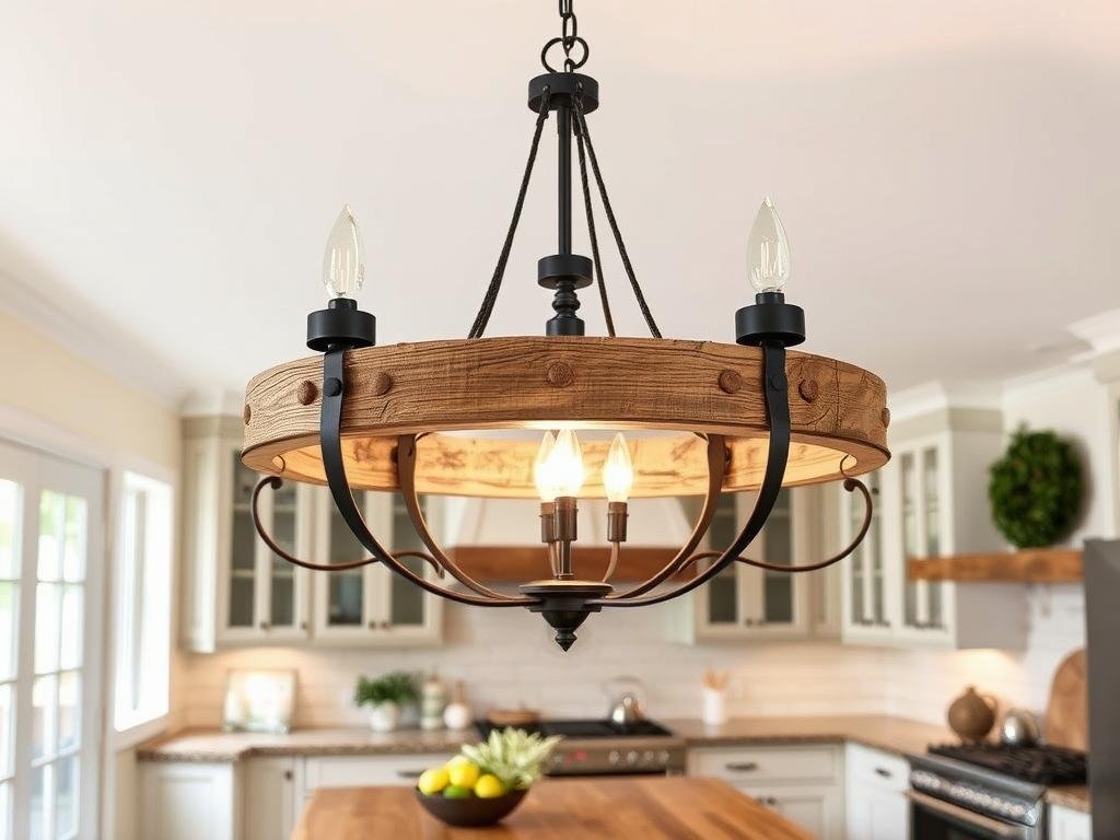 Rustic wooden chandelier with metal accents in farmhouse kitchen