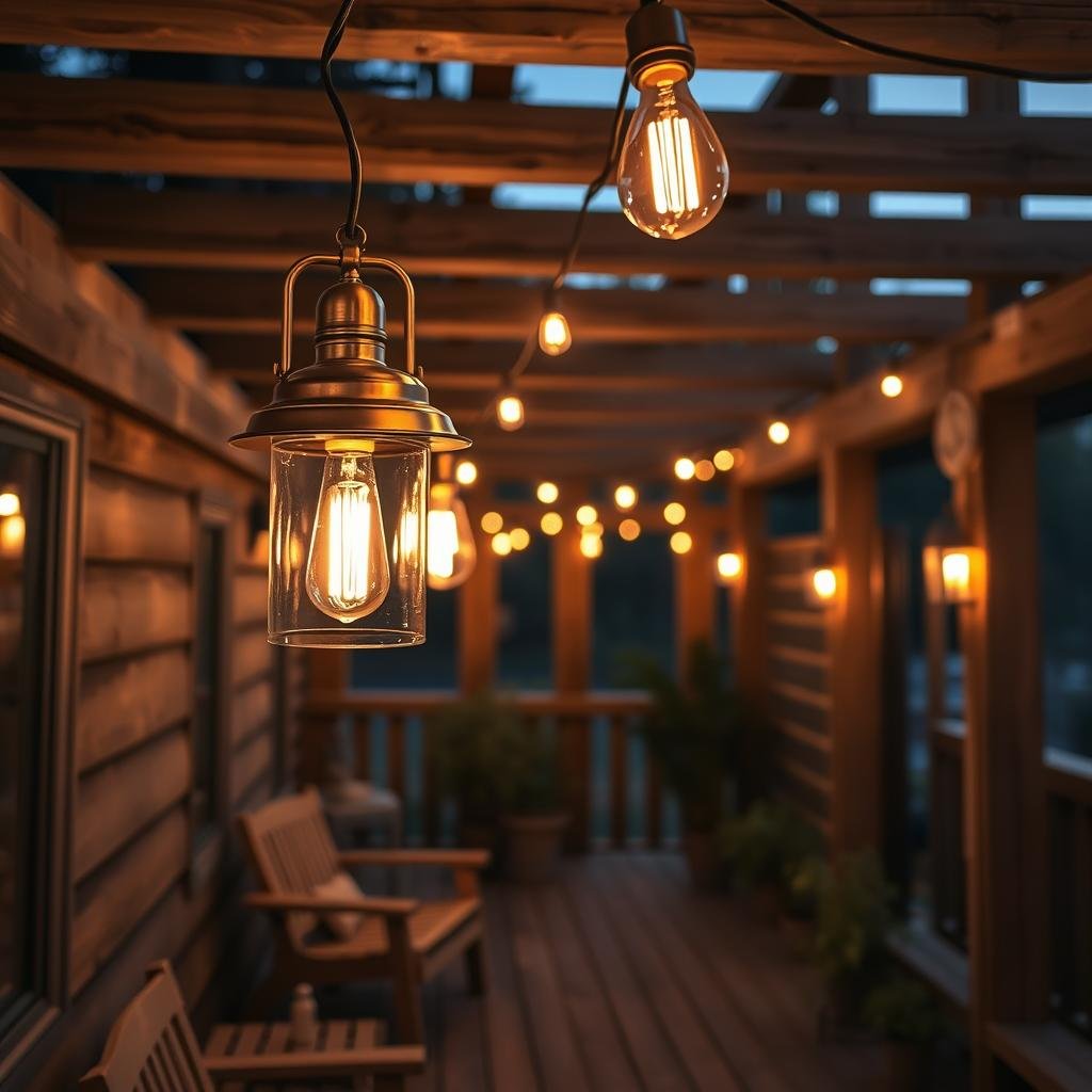 Rustic wooden deck with warm lantern lighting and string lights Rustic wooden deck with warm lantern lighting and string lights