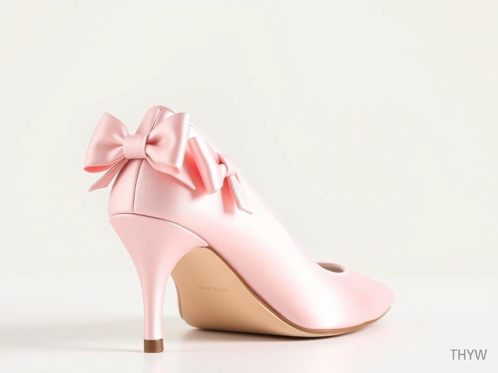 Satin bow-embellished kitten heel prom shoes in blush pink
