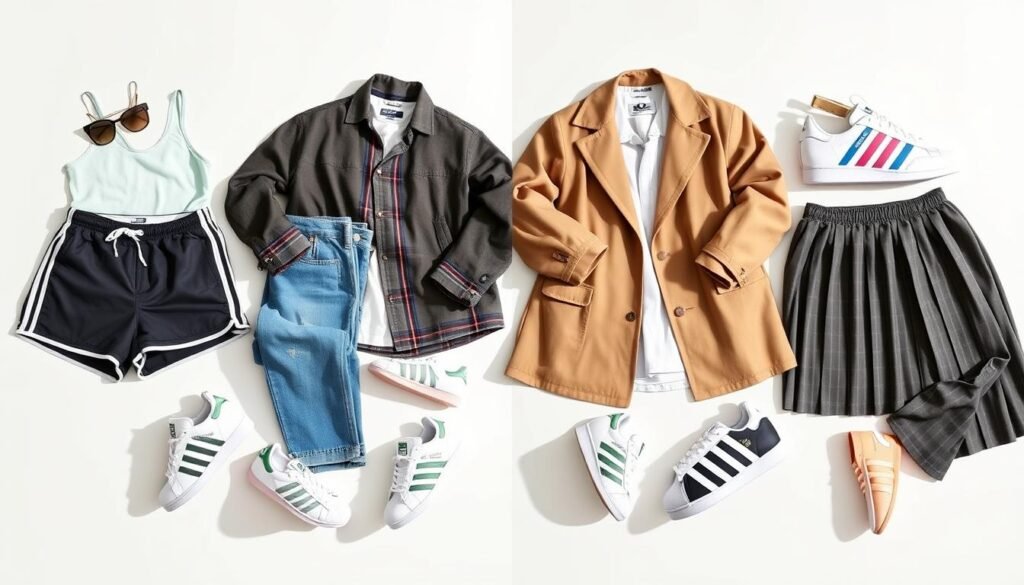 Seasonal outfits featuring cute Adidas shoes for different weather conditions
