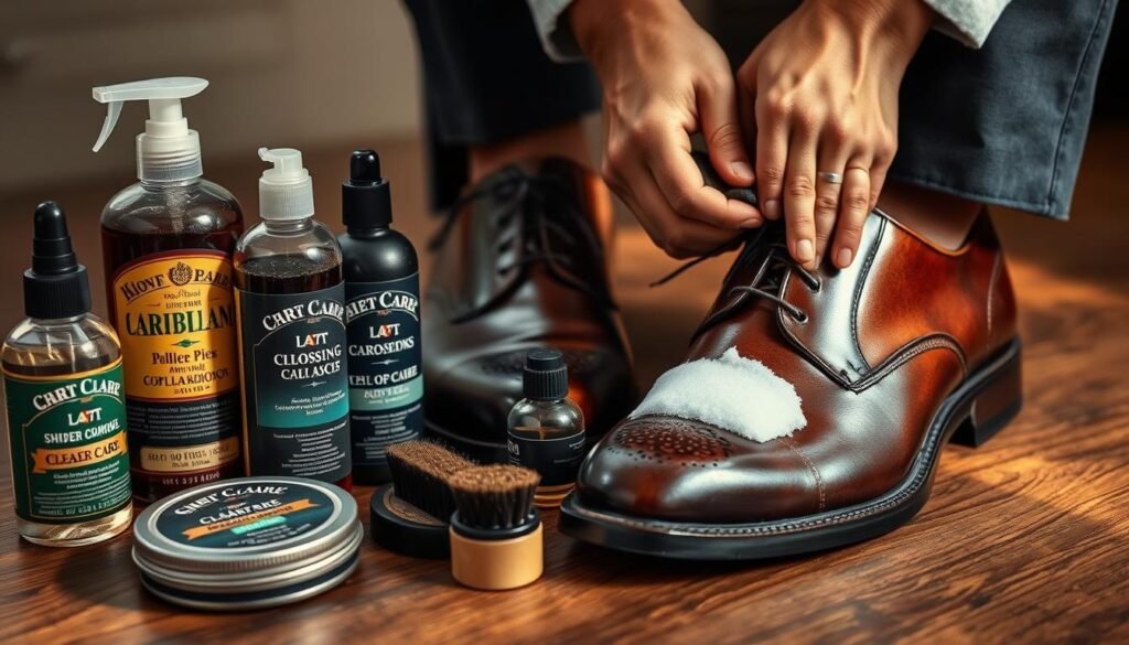 Shoe care products and a person cleaning leather shoes