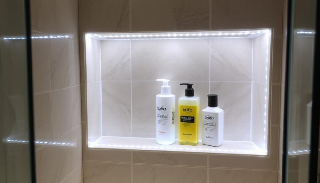 Shower niche with LED strip lights illuminating bath products