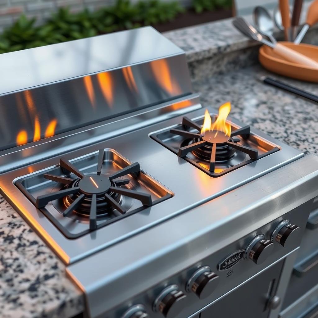 Side burner and power burner in outdoor kitchen counter