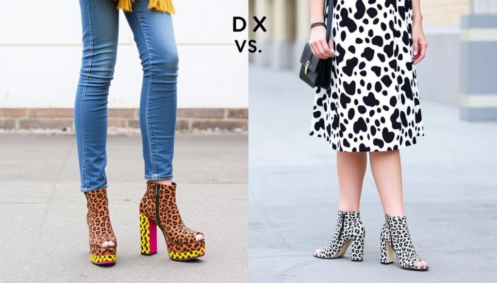Side-by-side comparison of funky shoes styled with different outfits showing do's and don'ts