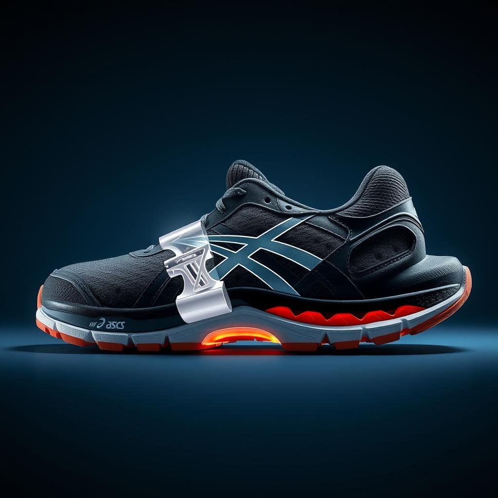 Side view of ASICS shoe highlighting the Trusstic System technology in the midfoot