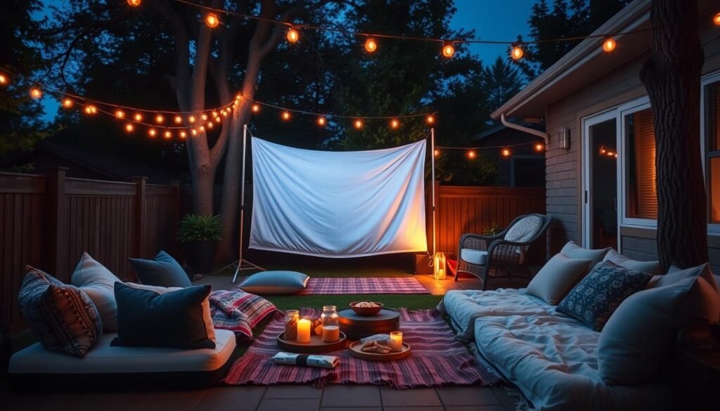 Simple outdoor movie setup on patio with sheet screen and affordable projector