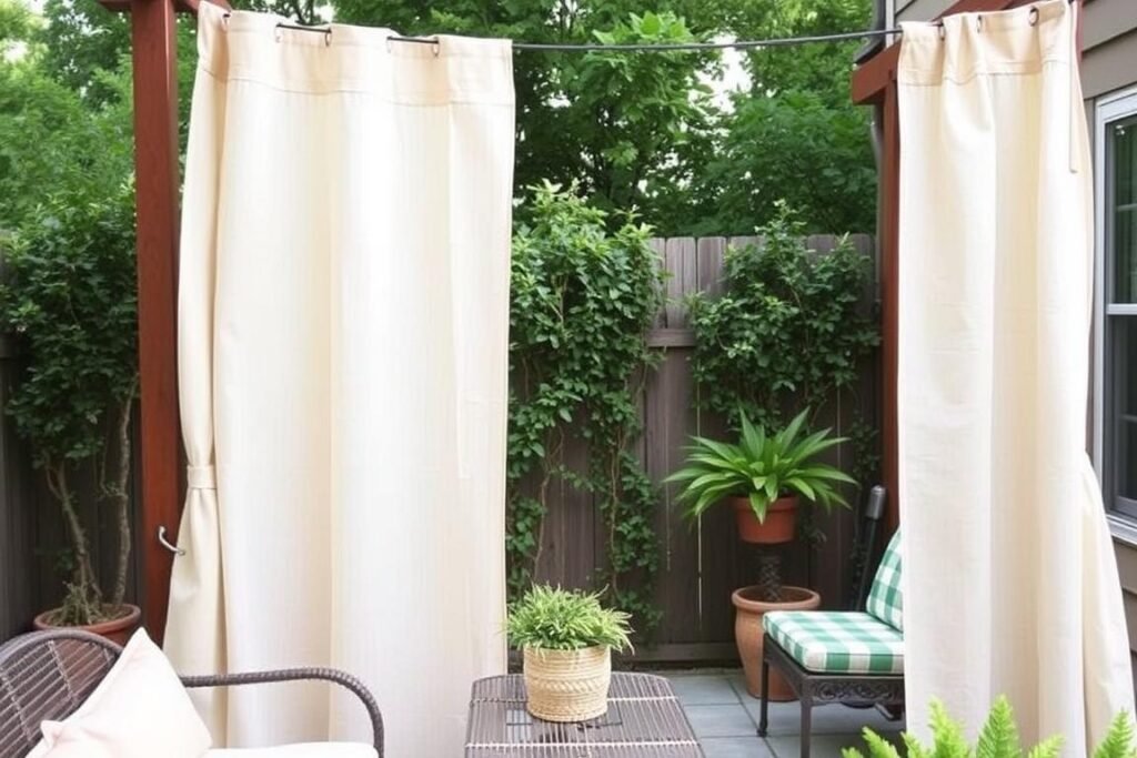 Simple patio with DIY outdoor curtains creating privacy on a budget