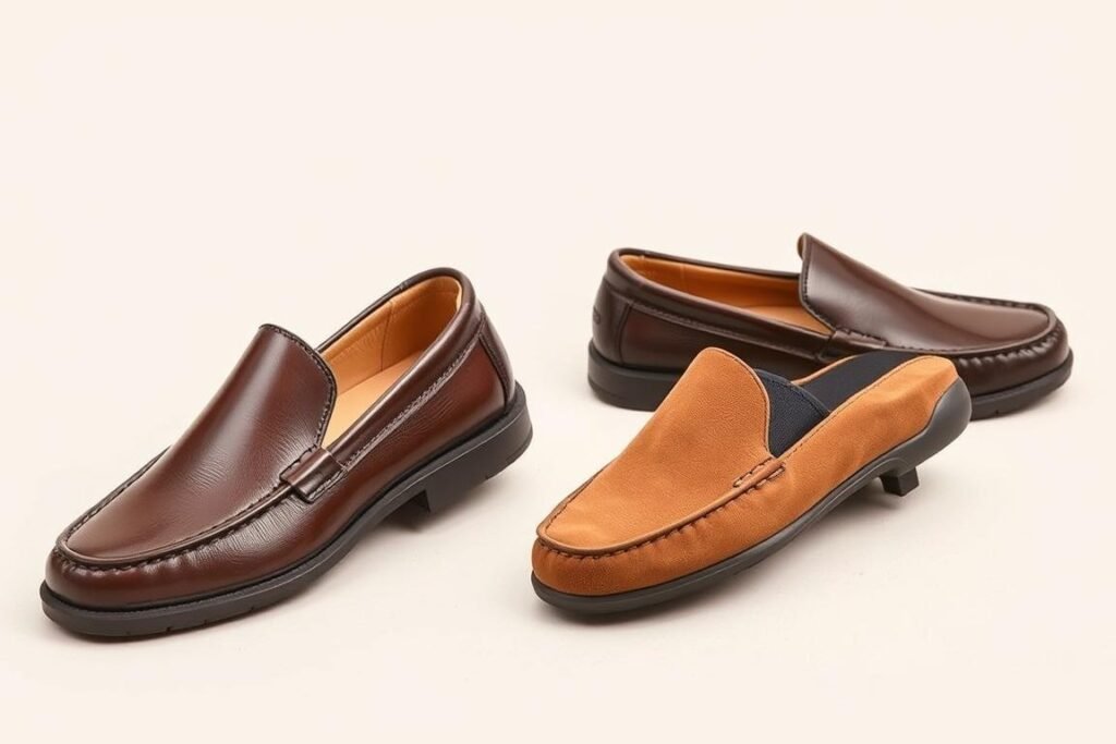 Slip-on loafers showing their elastic gores and flexible construction
