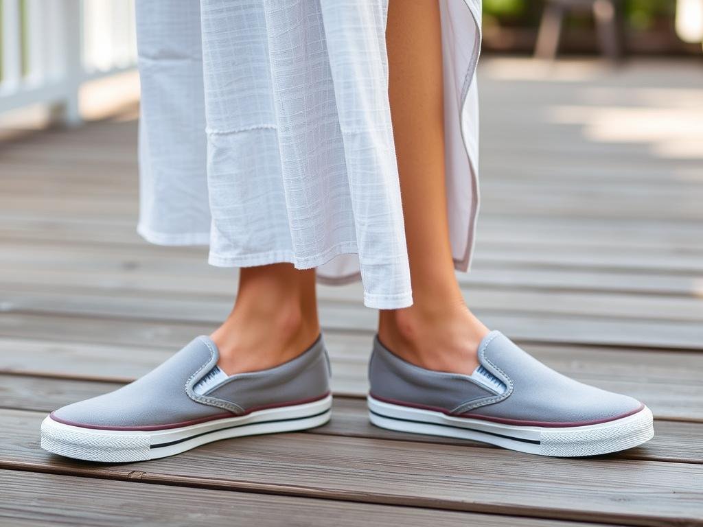 Slip-on tennis shoes with a casual summer dress
