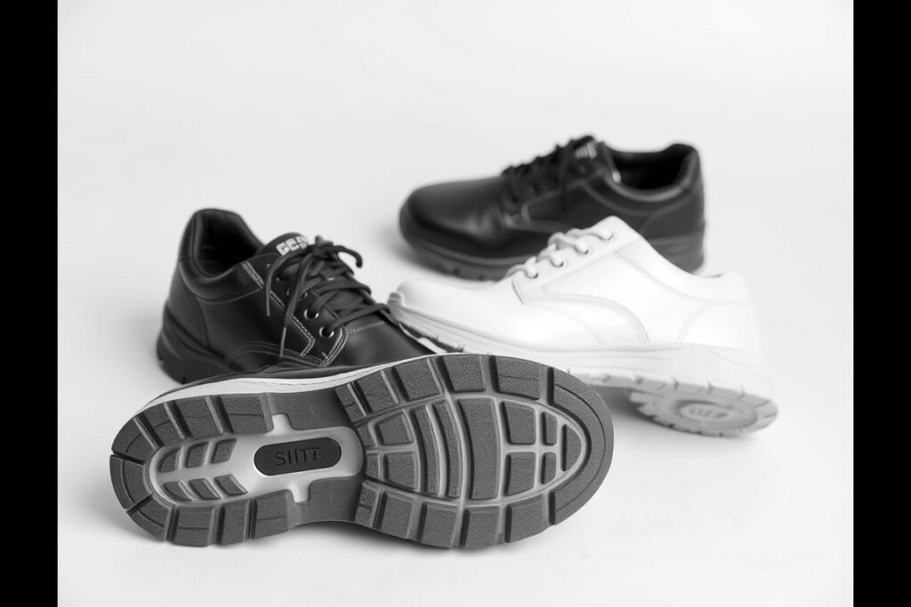 Slip-resistant work shoes showing their specialized outsole pattern