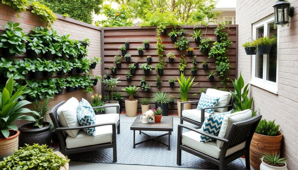 Small backyard patio with space-saving furniture, vertical plantings, and smart storage solutions