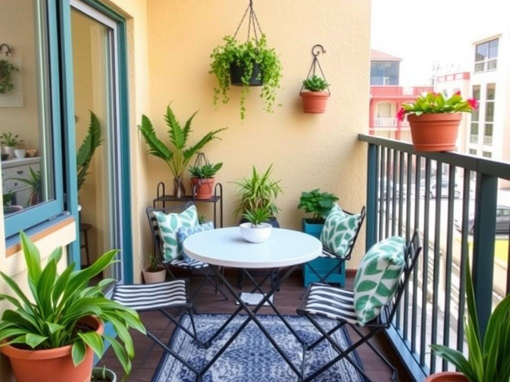 Small balcony with compact bistro set and vertical planters maximizing limited space