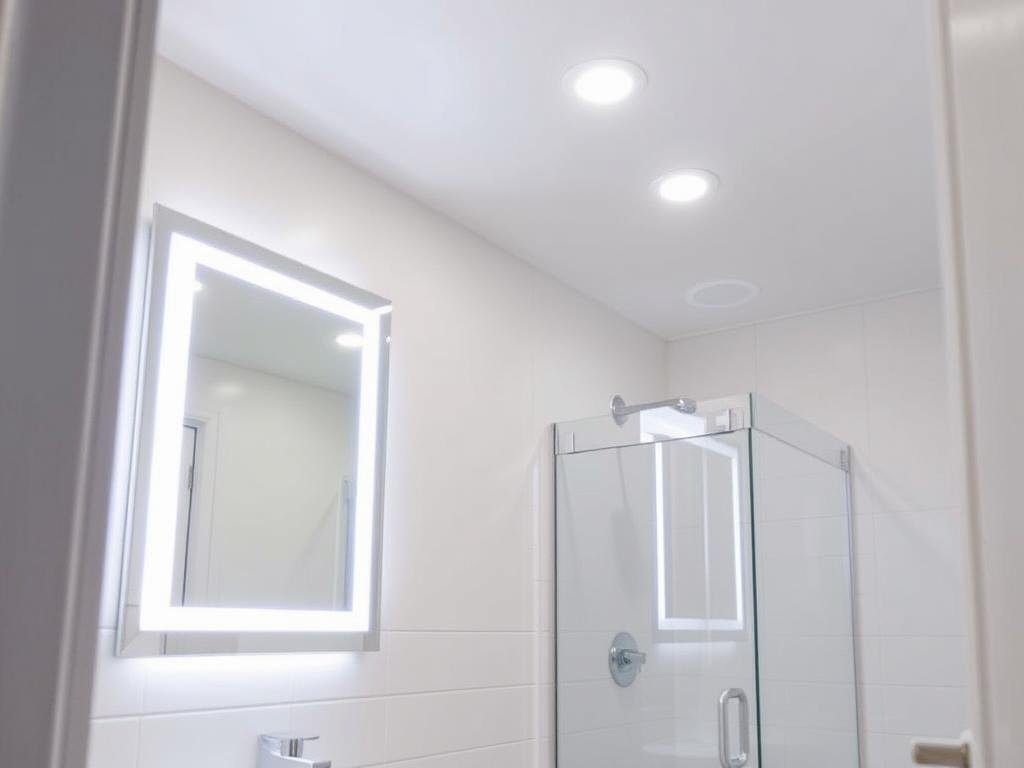 Small bathroom with LED mirror and recessed lighting