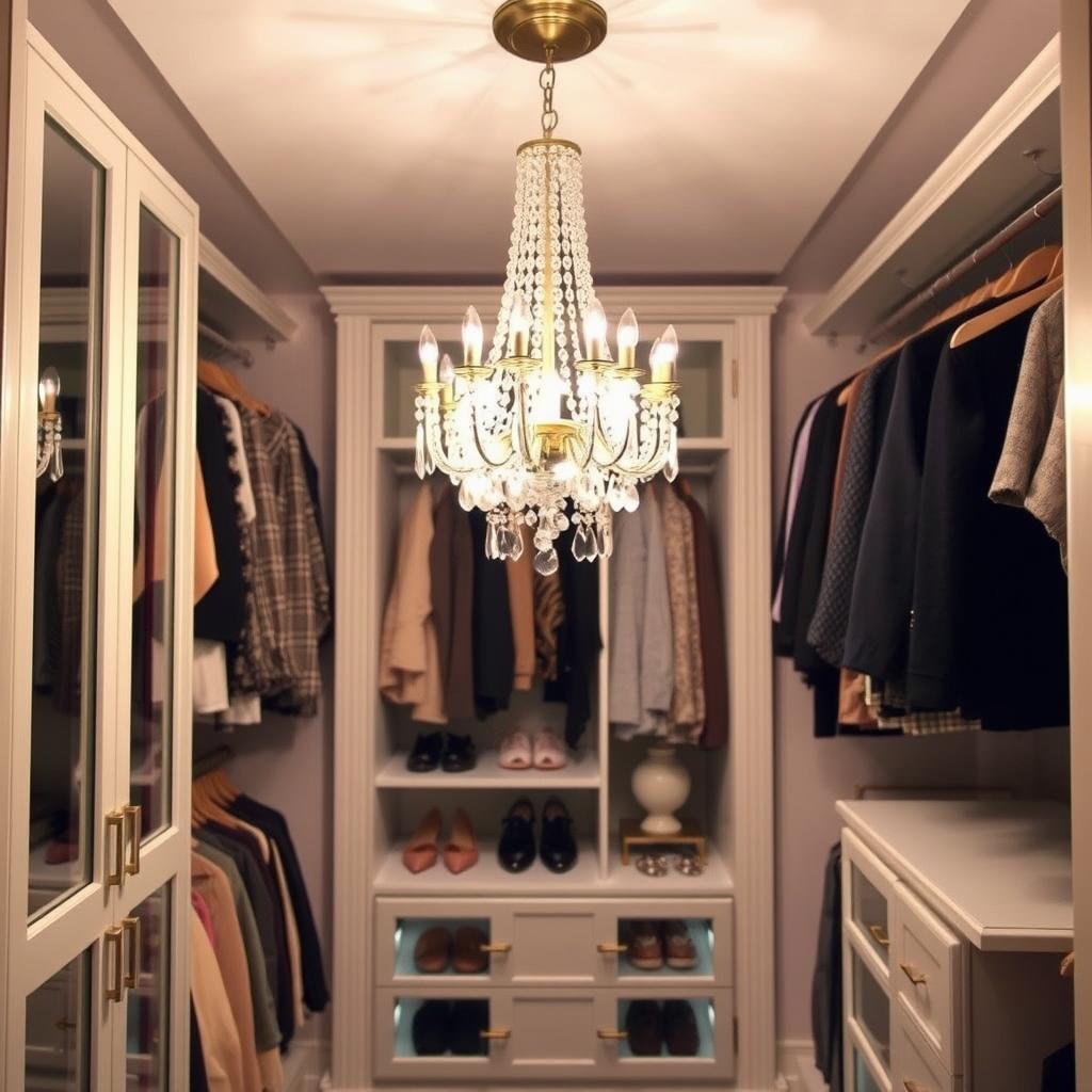Small crystal chandelier in a boutique-style walk-in closet