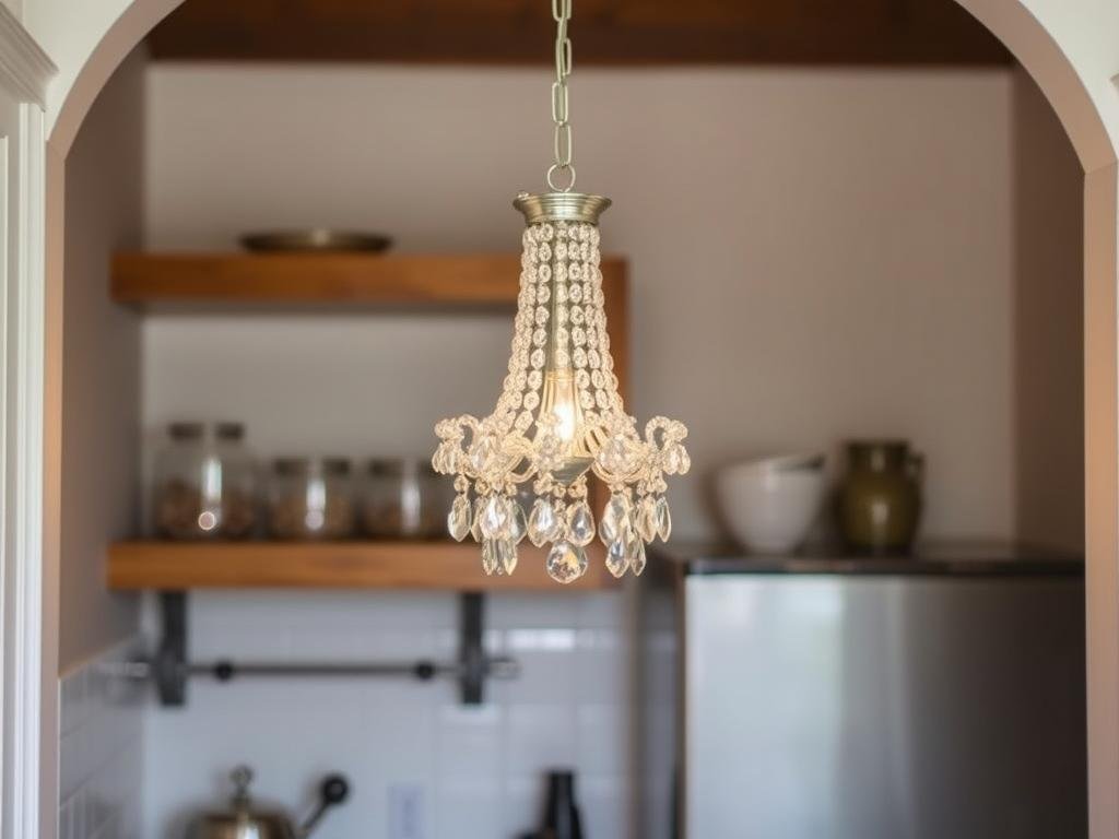 Small elegant chandelier in a compact kitchen space