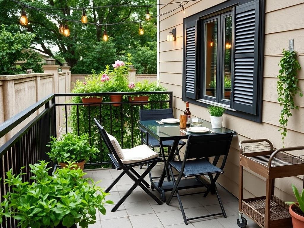 Small outdoor patio dining area with space-saving table and chairs