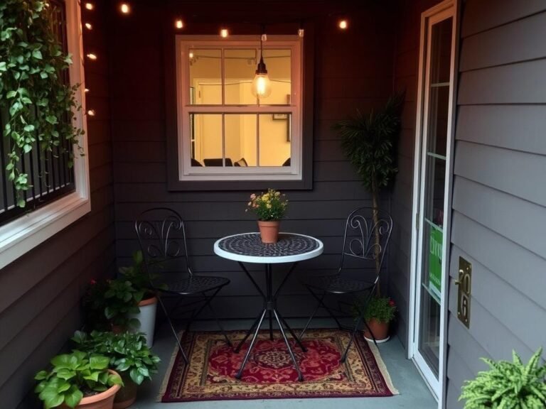 Small outdoor patio with bistro table and two chairs under string lights