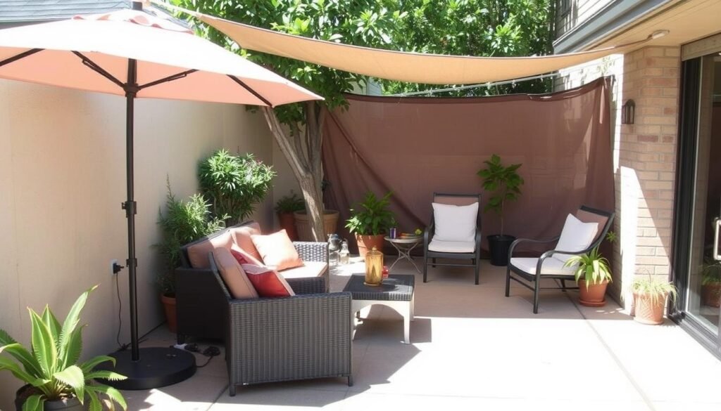 Small outdoor patio with various shade solutions like umbrellas and canopies