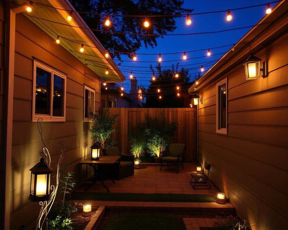 Small patio at dusk with string lights, lanterns, and solar path lights creating a magical atmosphere