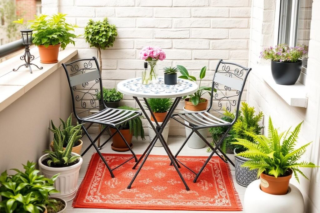 Small patio bistro dining area with affordable furniture and potted plants