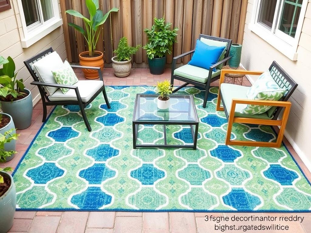 Small patio space defined by colorful outdoor rug on a budget